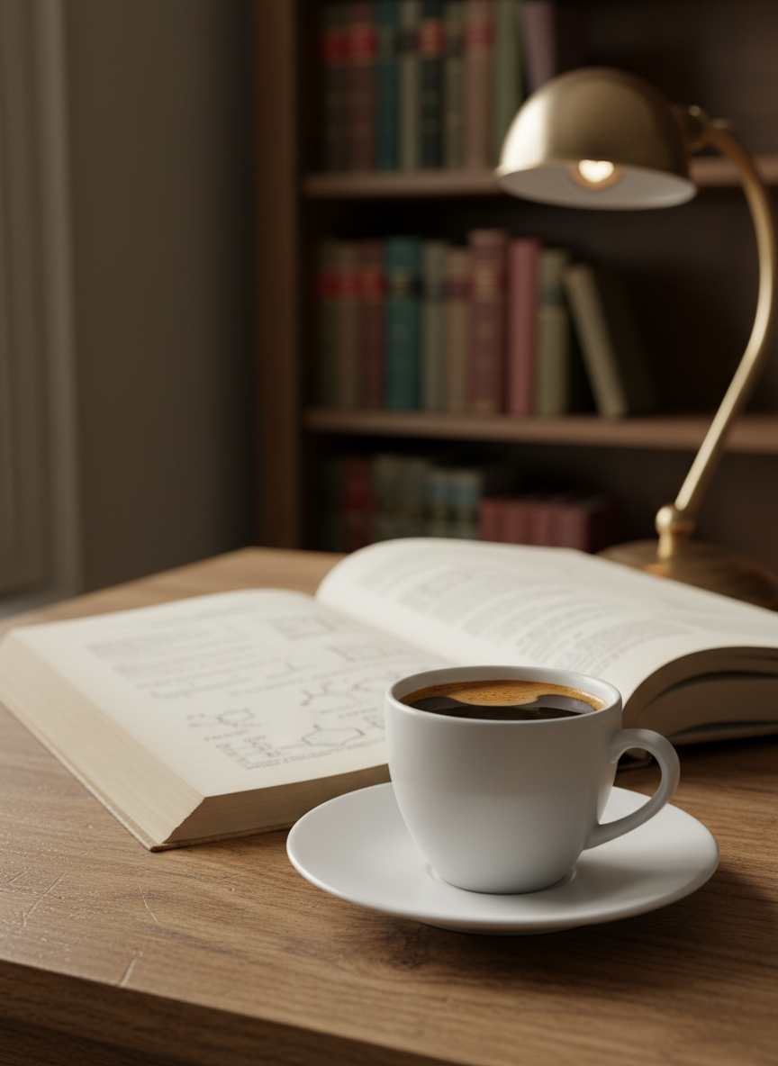 A close-up, photographic view of a pristine white ceramic demitasse filled with rich, crema-topped espresso, resting on a slightly worn oak desk beside an open, yellowed scientific journal on coffee chemistry. The cup’s glossy surface catches soft, diffused overcast daylight from a nearby window, creating delicate highlights on the rim and saucer. In the softly blurred background, a wall of muted, cloth-bound books and a retro brass desk lamp add to the scholarly atmosphere. The composition uses the rule of thirds, with the cup in the foreground corner and the text-laden journal leading the eye inward. The mood is calm, thoughtful, and quietly academic, rendered in warm, photographic realism with subtle vintage tones.