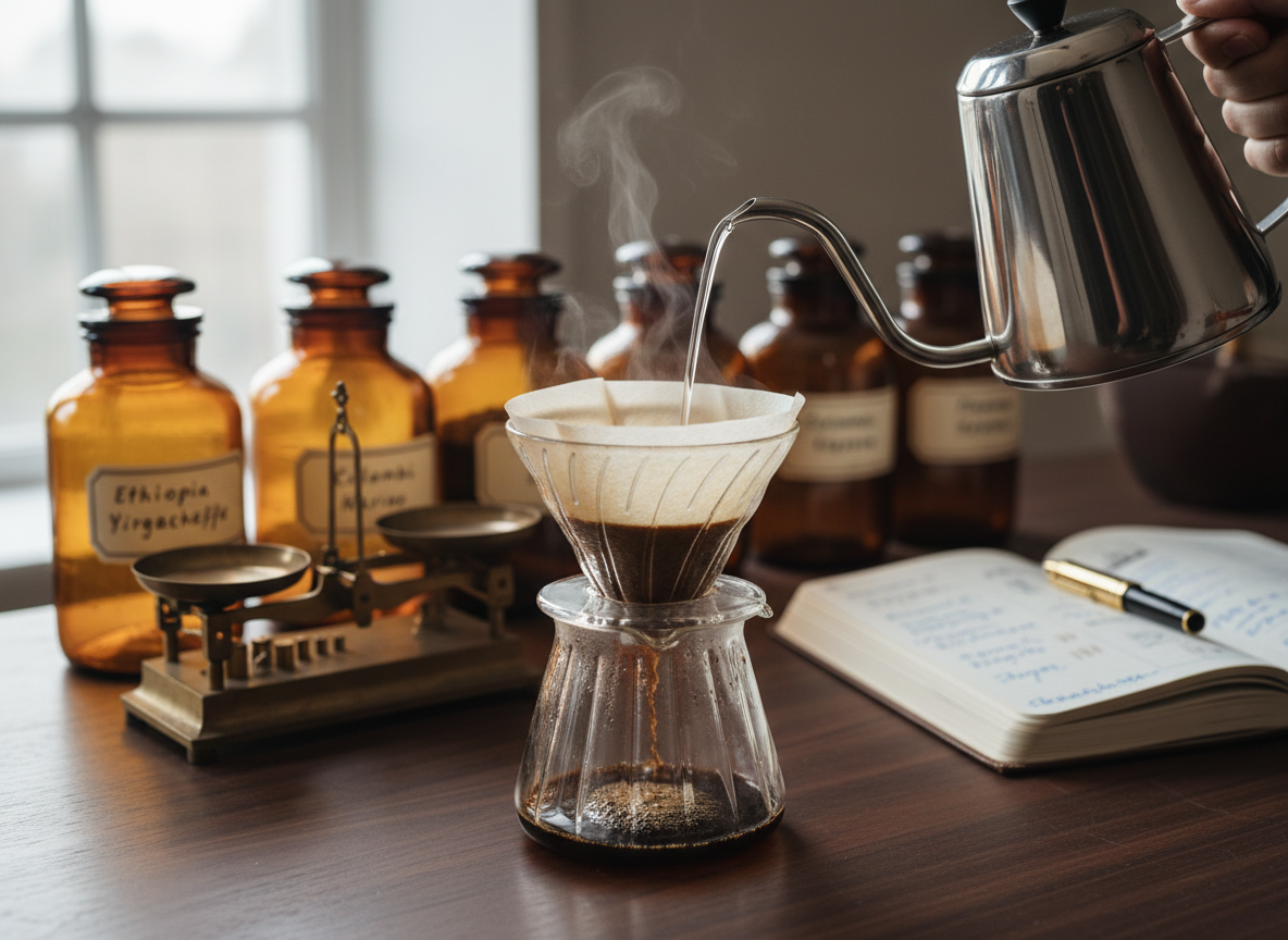 A meticulously arranged pour-over coffee setup on a walnut laboratory-style bench, featuring a glass dripper with a ridged cone, a thick white paper filter blooming with freshly ground coffee, and a gooseneck kettle mid-pour, its stainless steel surface softly reflecting light. Behind it, neatly labeled amber glass jars of coffee beans sit alongside a slender analog scale and a leather-bound lab notebook. Soft morning window light from the left creates gentle reflections on glass and metal, with calm shadows falling across the wood grain. Photographic realism, eye-level composition with shallow depth of field, the dripper in sharp focus and background slightly blurred, creating a serene, intelligent, editorial mood with a subtle vintage academic feel.