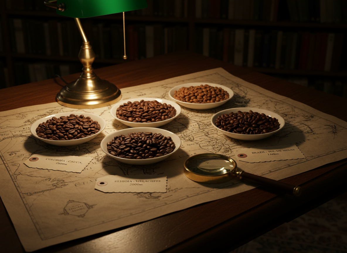 An elegant still life of whole coffee beans from various origins displayed in shallow porcelain dishes, each dish labeled with small, cream-colored archival tags featuring tiny printed origin names and elevation data. The dishes rest on an aged map of the coffee belt spread across a sturdy, dark library table. A brass magnifying glass lies nearby, its lens catching a subtle warm glow from a vintage green-shaded banker’s lamp off-frame. The lighting is low and intimate, with gentle pools of warm light and soft falloff into shadow, evoking a quiet study. Shot from a slightly elevated angle in photographic realism, the image feels like a curated historical exhibit, calm and scholarly with a muted, antique color palette.