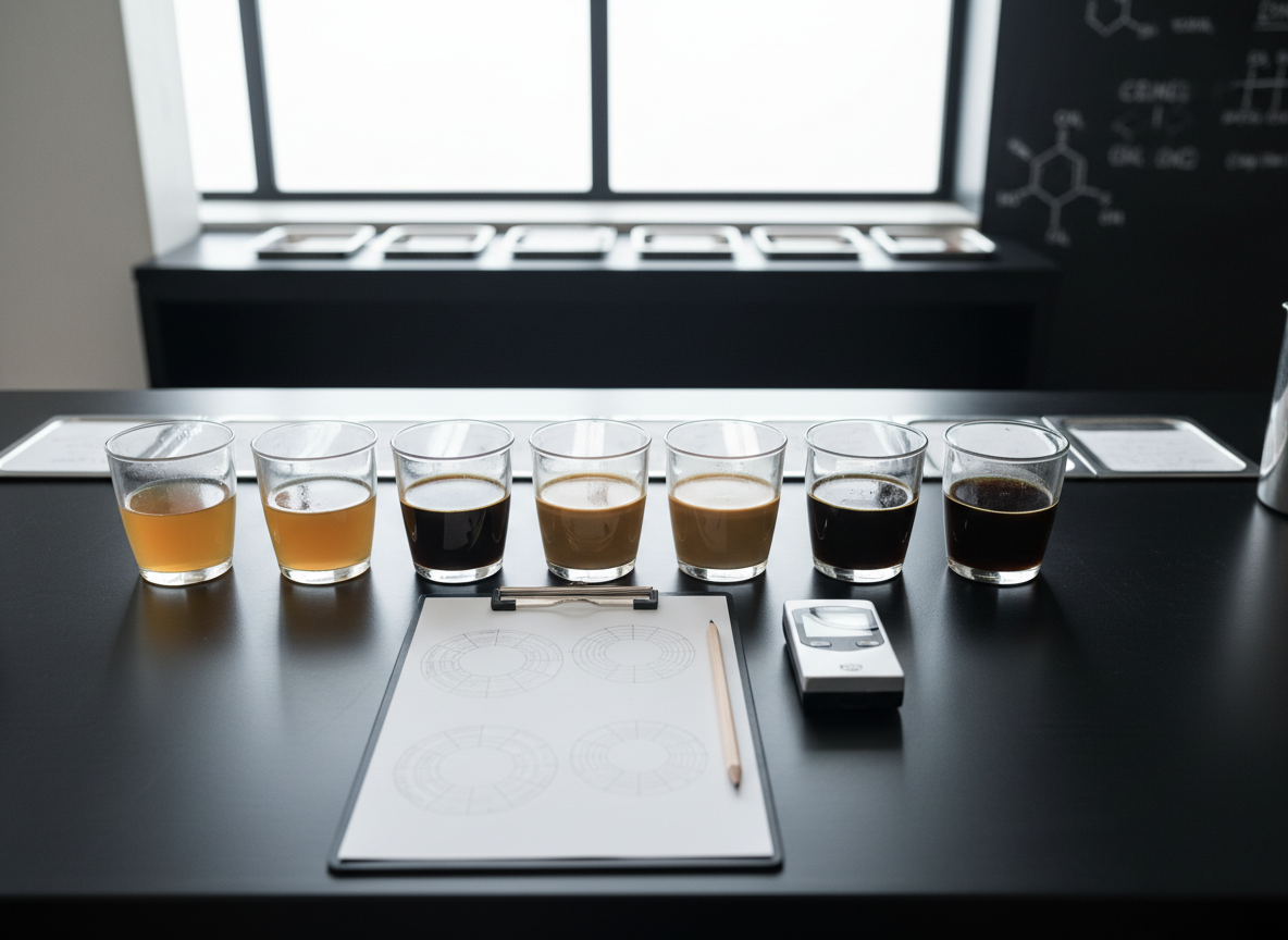 A top-down, photographic composition of a tidy coffee tasting station arranged on a long, matte black laboratory table. Several identical transparent cupping glasses form a precise grid, each filled with coffee at different extraction stages, from pale amber to deep mahogany. Beside them, a clipboard with hand-drawn flavor wheels, a neatly sharpened pencil, and a small digital refractometer sit in careful alignment. Soft, cool daylight from a high window creates even, diffused illumination with minimal reflections, emphasizing clarity and detail. The background fades into a slightly out-of-focus row of labeled sample trays and a muted chalkboard with faint scientific diagrams. The overall mood is methodical, professional, and analytical, with a clean, minimalist, photographic style.